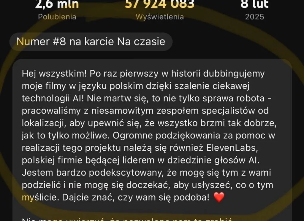 Polski opis filmu MrBeast z podziękowaniem dla ElevenLabs, 2,6 mln polubień i 57,9 mln wyświetleń