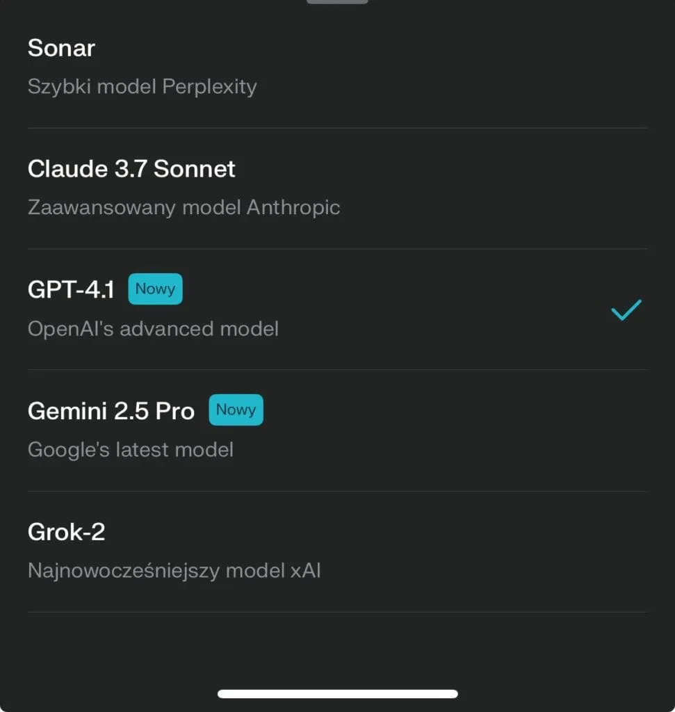 Lista modeli w Perplexity z zaznaczonym GPT-4.1, obok Sonar, Claude 3.7 Sonnet, Gemini 2.5 Pro i Grok-2
