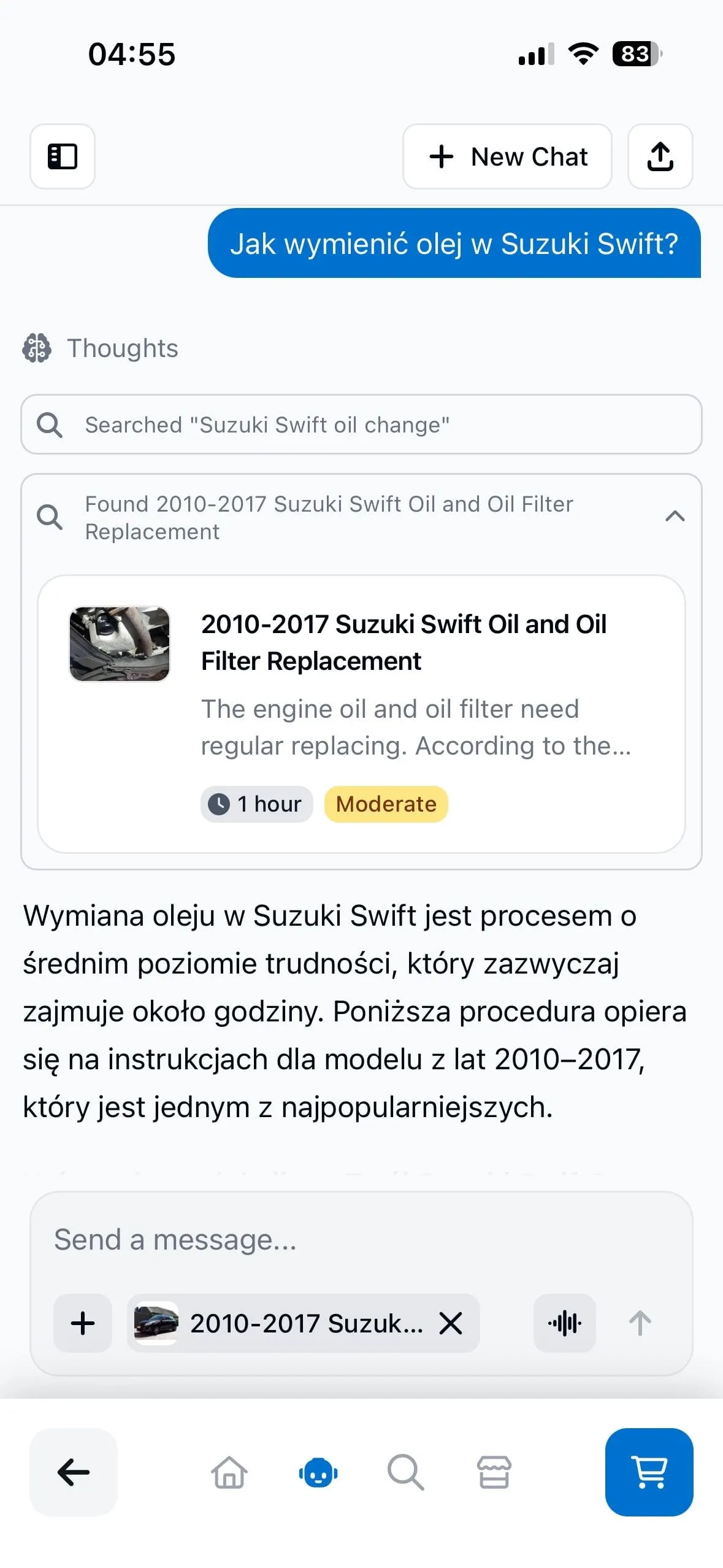 The iFixit AI bot answering a question about an oil change in a Suzuki Swift