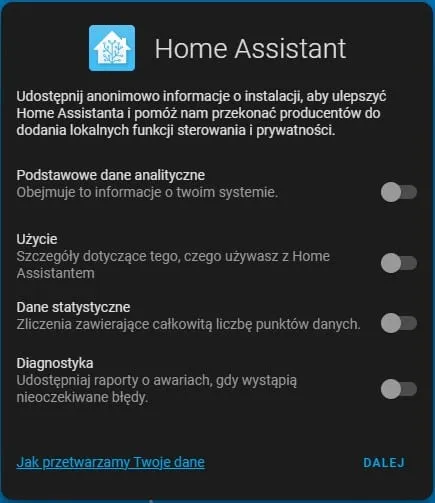 Home Assistant - pierwsze uruchomienie - dane statystyczne