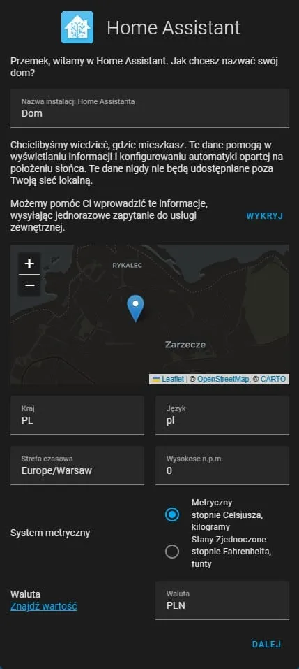 Home Assistant - pierwsze uruchomienie - lokalizacja
