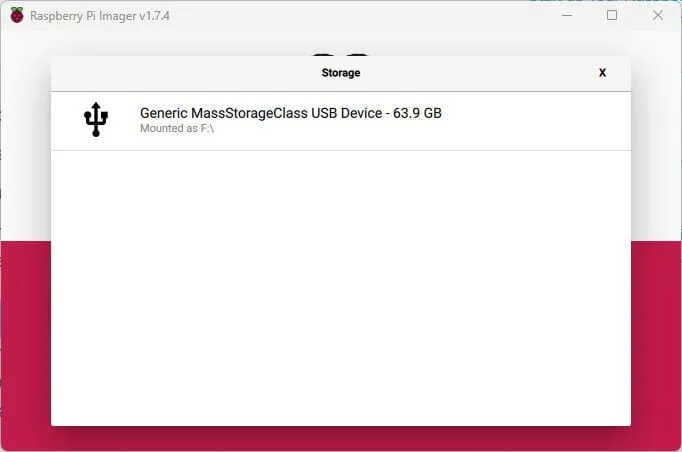 Raspberry Pi Imager - instalacja wybór karty microSD