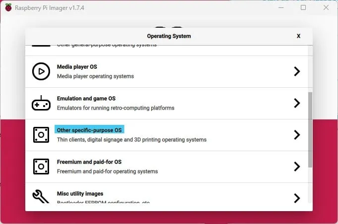 Raspberry Pi Imager - instalacja - wybór systemu 1