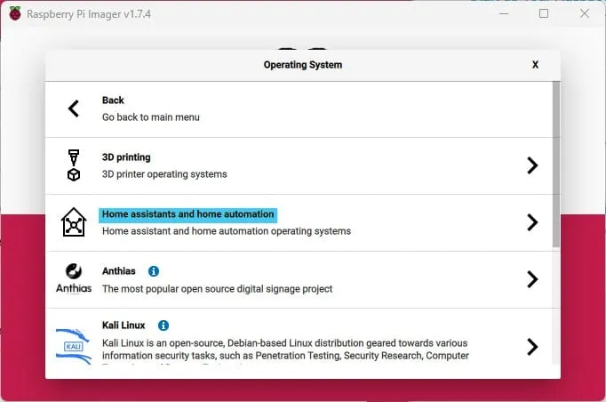 Raspberry Pi Imager - instalacja - wybór systemu 2