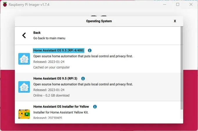 Raspberry Pi Imager - instalacja - wybór systemu 4