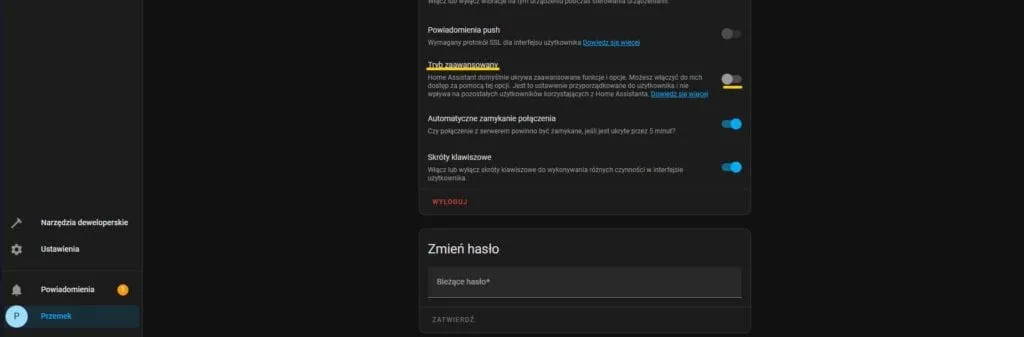 Tryb zaawansowany - profil użytkownika Home Assistant