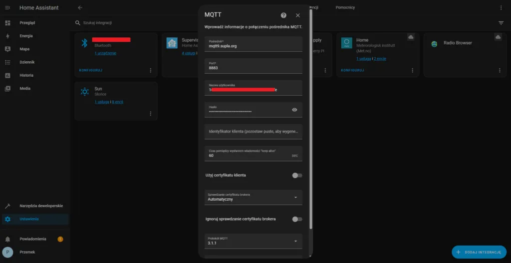 Ustawienia integracji MQTT w Home Assistant