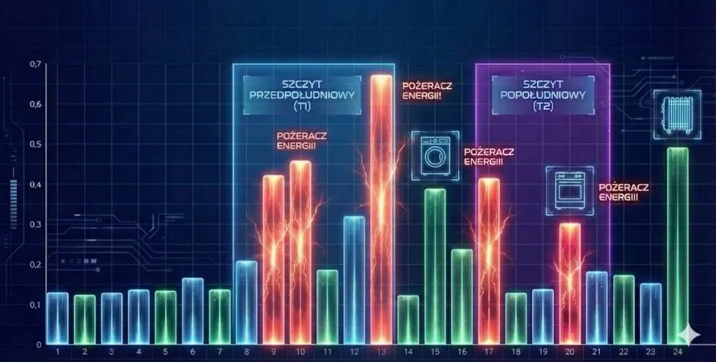 Wykres dobowego zużycia energii z zaznaczonymi szczytami T1 i T2 oraz podpisanymi pożeraczami energii