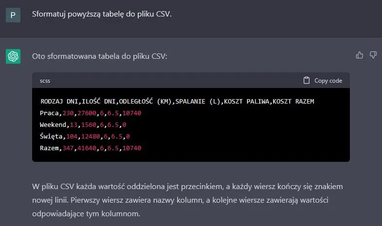 Czat z ChatGPT #2 - Eksport danych z tabeli do Excel, wartości oddzielone przecinkami. Wyniki własnych badań, opierające się na dialogu z ChatemGPT.