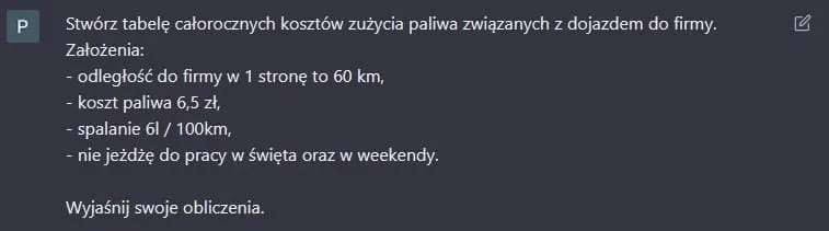 Czat z ChatGPT #2 - Pytanie o stworzenie tabeli kosztów zużycia paliwa.