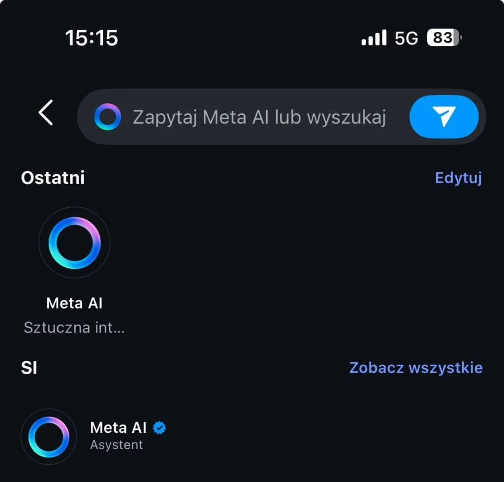 Wyszukiwarka Instagrama z polem „Zapytaj Meta AI lub wyszukaj” i asystentem Meta AI na liście
