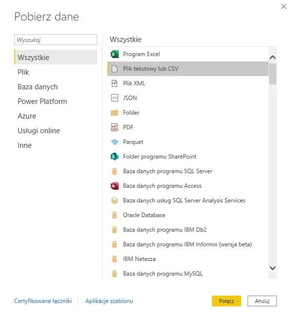 Power BI Desktop - wybieramy plik tekstowy lub CSV