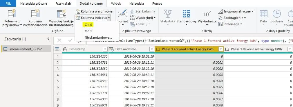 Power Query - kolumna indeksu od 0