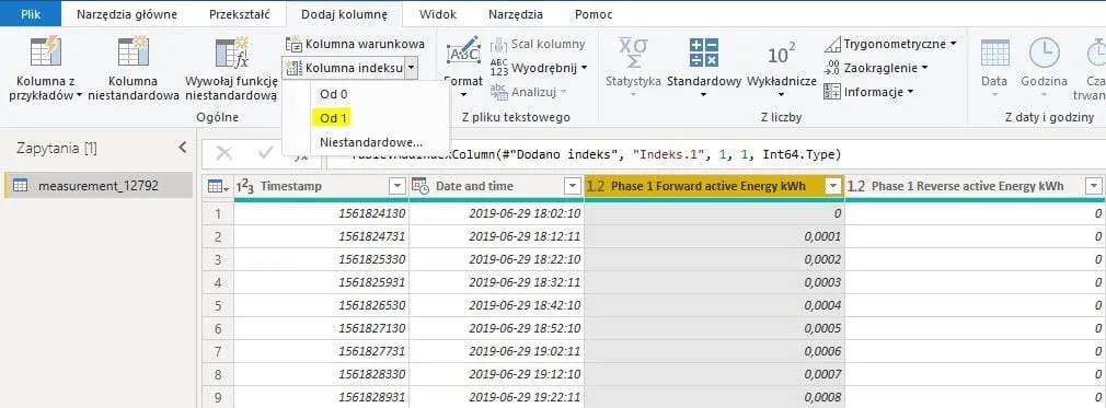 Power Query - kolumna indeksu od 1