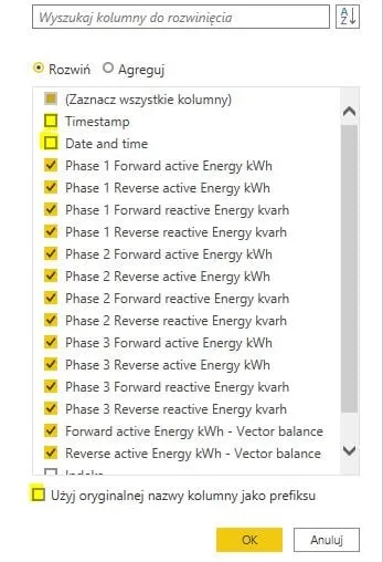 Okno rozwijania kolumn w Power Query z zaznaczonymi pomiarami energii dla trzech faz