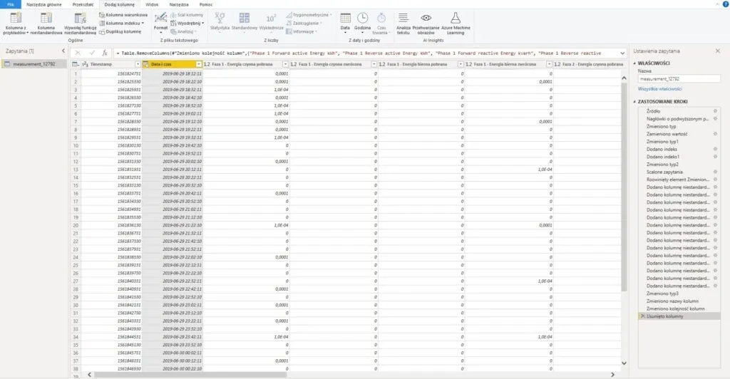 Power Query - usunięcie niepotrzebnych kolumn i zmiana nazwy - Data i czas
