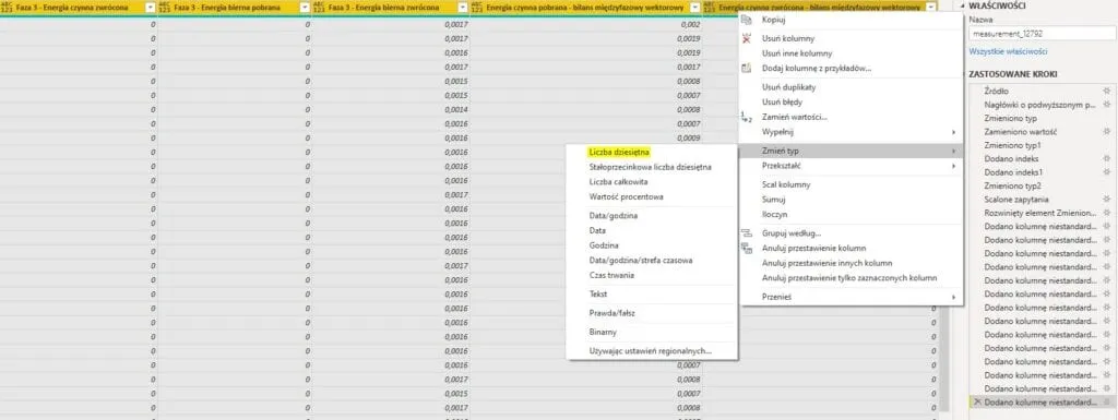 Power Query - wstawione kolumny niestandardowe oraz zmiana ich typów danych