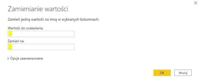 Power Query - zamiana wartości w kolumnach kropki na przecinki
