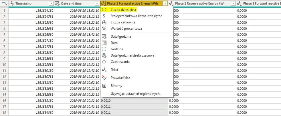 Power Query - zmiana typu danych na liczbę dziesiętną