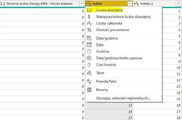 Power Query - zmiana typu danych w kolumnach z indeksami