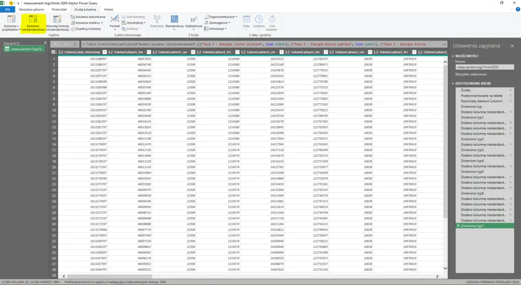 Formatowanie danych zużycia MEW-01 w programie Excel