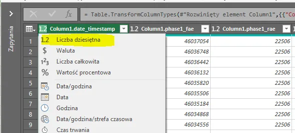 Historia zużycia MEW-01 w programie Excel