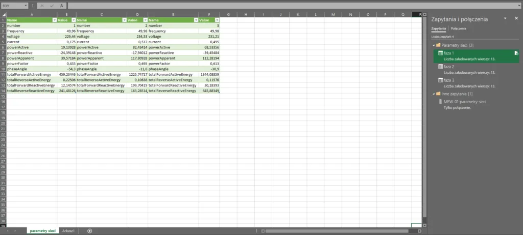 Dodane dane z MEW-01 do Excel