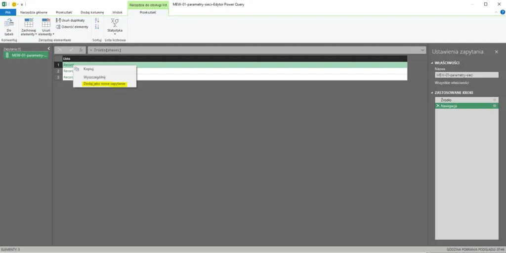 Pobieranie danych z MEW-01 do Excel