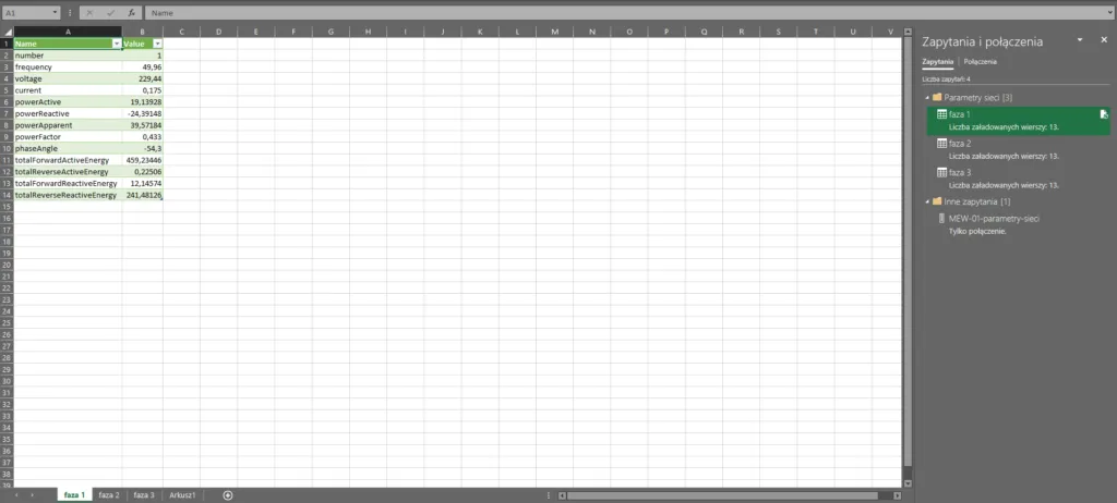 Pobieranie danych z MEW-01 do Excel