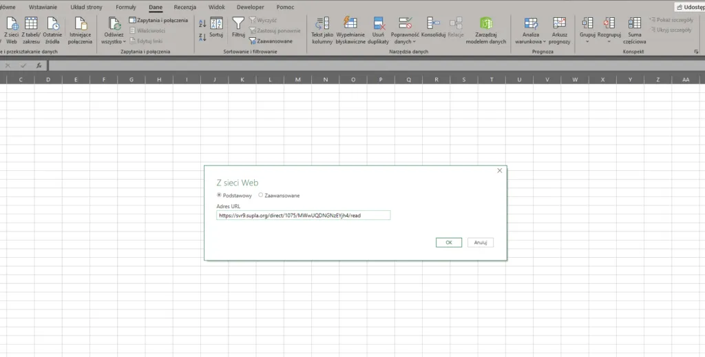 Pobieranie danych z sieci Web w programie Excel