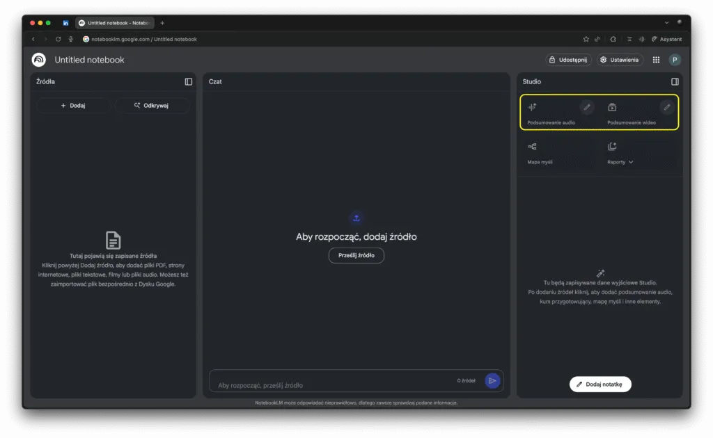 Pulpit notatnika w NotebookLM z wyróżnionymi kafelkami Podsumowanie audio i Podsumowanie wideo