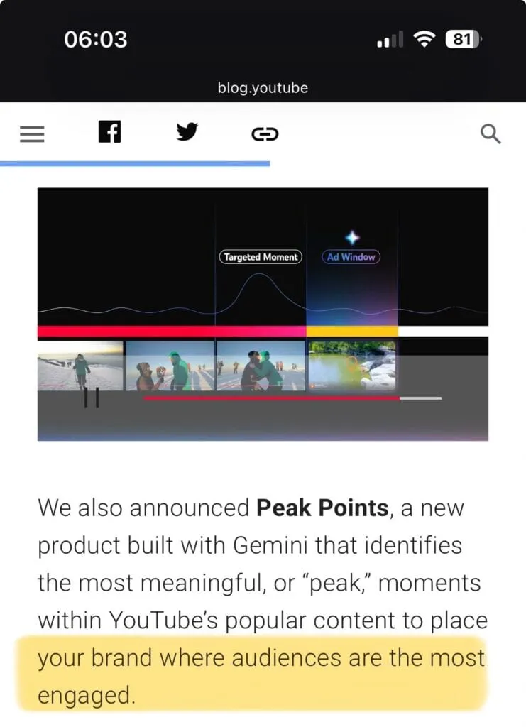 Wpis na blogu YouTube o Peak Points — wykres zaangażowania z oznaczeniami Targeted Moment i Ad Window