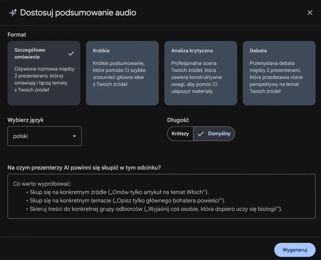 Okno „Dostosuj podsumowanie audio” w NotebookLM z formatami Szczegółowe omówienie, Krótkie, Analiza krytyczna i Debata