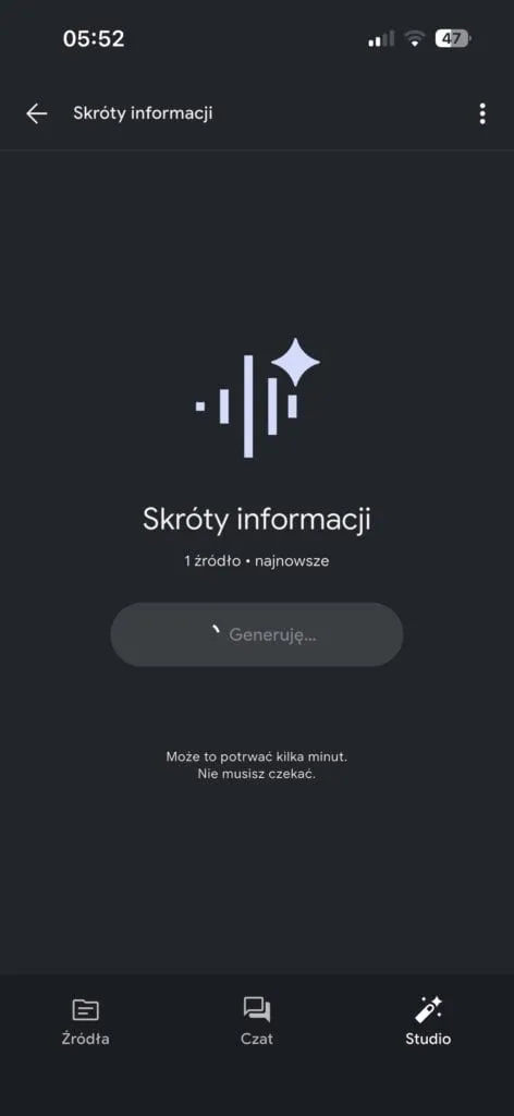 Aplikacja NotebookLM generująca podsumowanie audio z jednego źródła