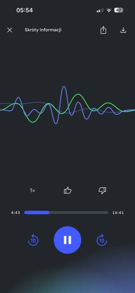 Odtwarzacz podsumowania audio w aplikacji NotebookLM — 4:43 z 16:41 nagrania