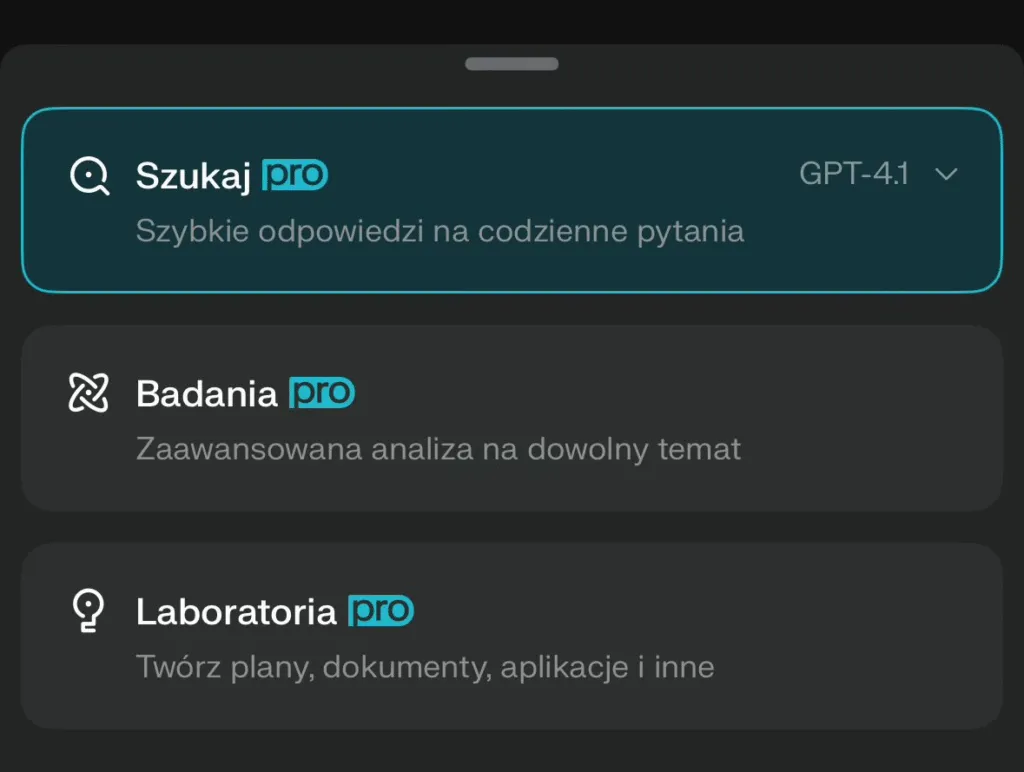 Wybór trybu w Perplexity z opcją Laboratoria — tworzenie planów, dokumentów i aplikacji