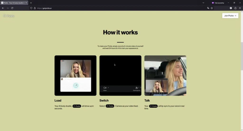 Zrzut ekranu ze strony: https://getpickle.ai/
