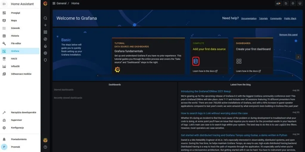 Grafana - dodajemy bazę danych