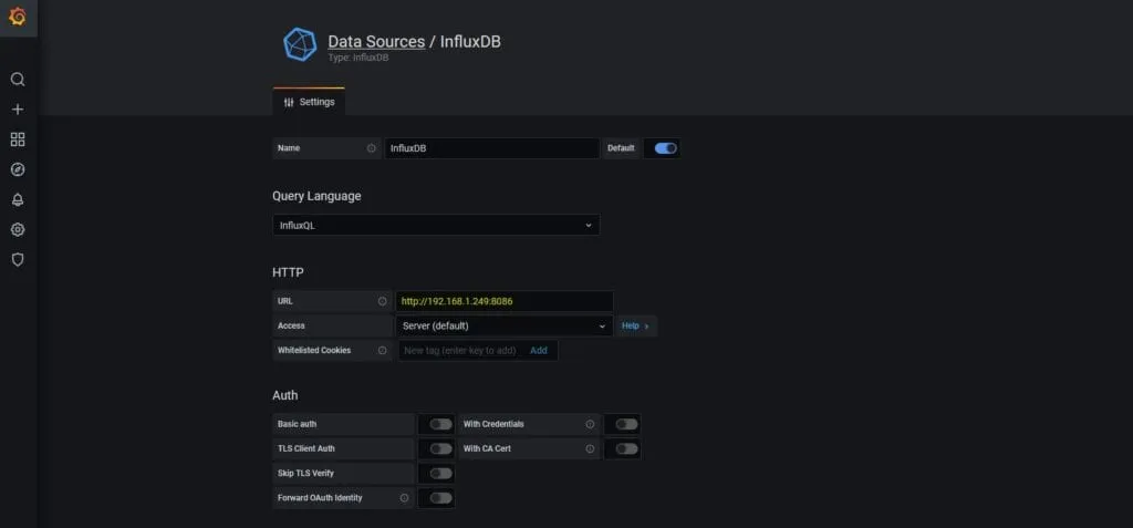 Grafana - konfiguracja InfluxDB - adres IP