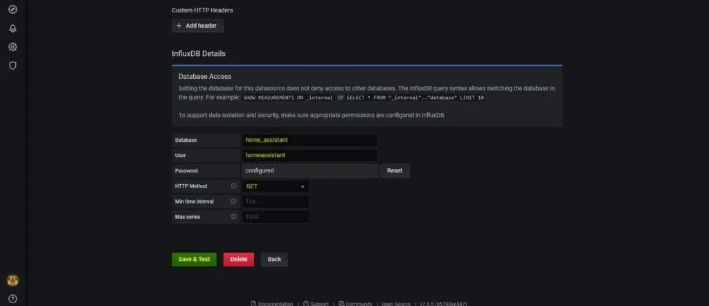 Grafana - konfiguracja InfluxDB - nazwa bazy, nazwa użytkownika i hasło