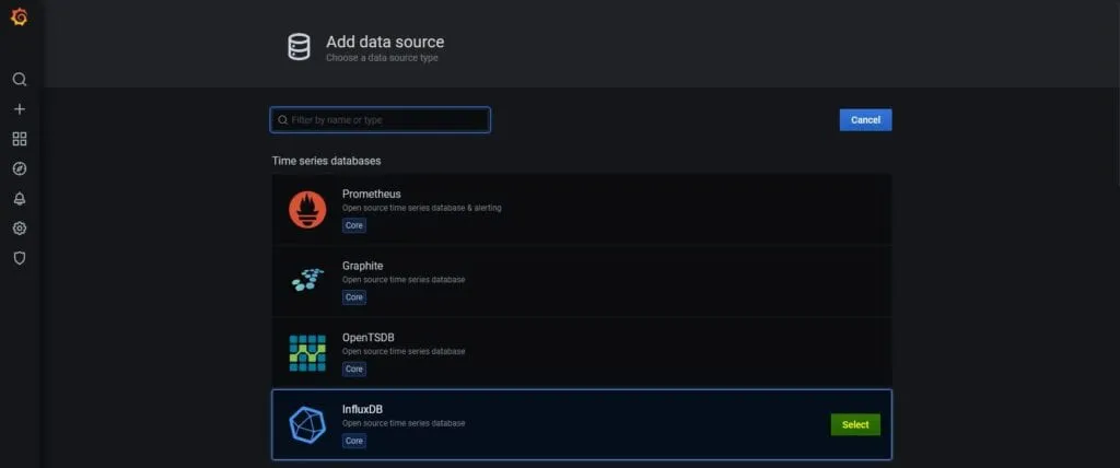 Grafana - wybieramy bazę InfluxDB