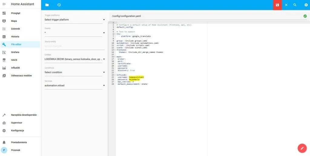 Home Assistant - konfiguracja pliku configuration.yaml do współpracy z InfluxDB