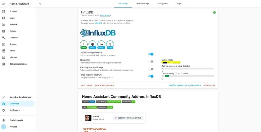 InfluxDB Admin - nazwa hosta