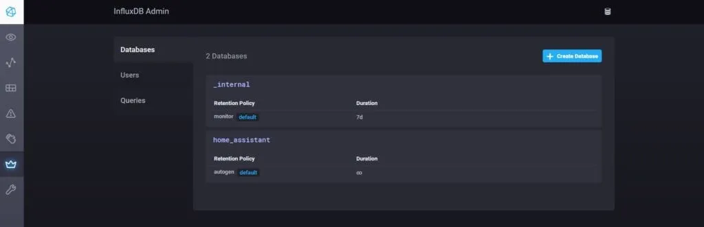 InfluxDB Admin - nowa baza danych home_assistant