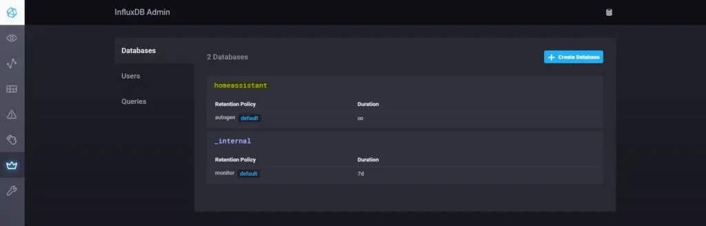 InfluxDB Admin - nowa baza danych homeassistant