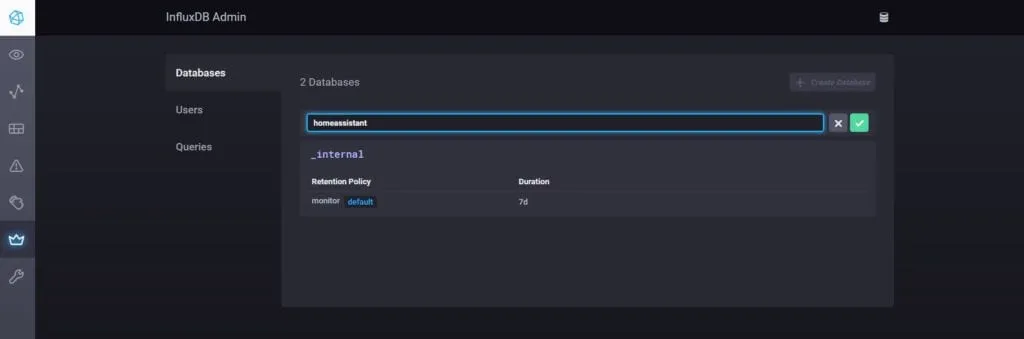 InfluxDB Admin - tworzymy bazę danych i zatwierdzamy wybór