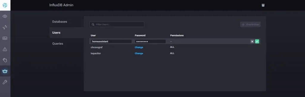 InfluxDB Admin - tworzymy użytkownika i zatwierdzamy wybór
