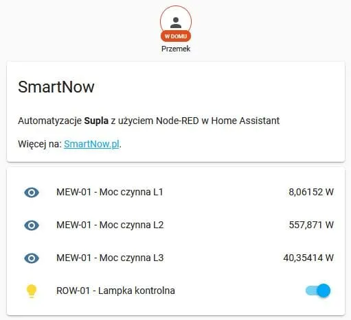 Przykładowe encje w Home Assistant - po uruchomieniu automatyzacji Node-RED