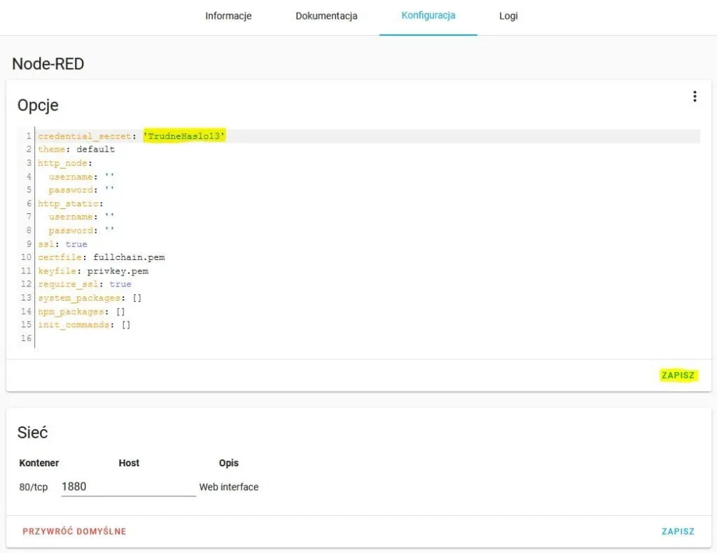 Ustalenie hasła dla Node-RED w Home Assistant
