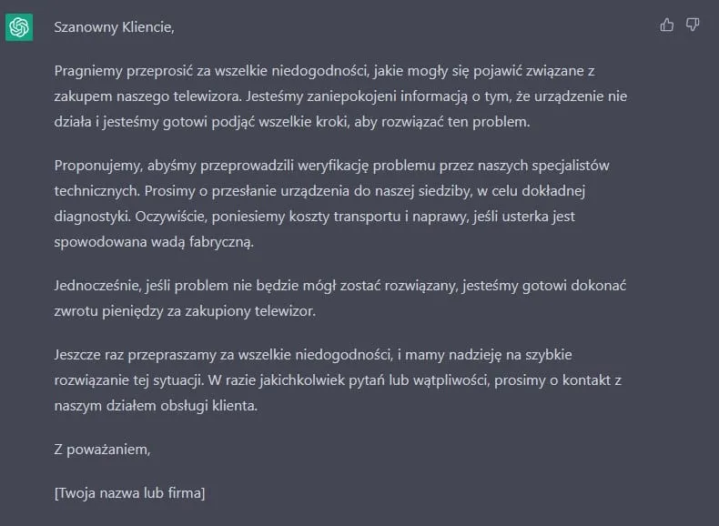 Czat po polsku z ChatGPT #3 - Zaproponowana odpowiedź na reklamację klienta
